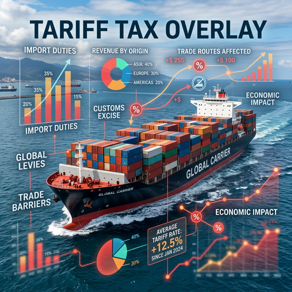 Container ship with infographic details on import duties, tariff rates, revenue by origin, and economic impact