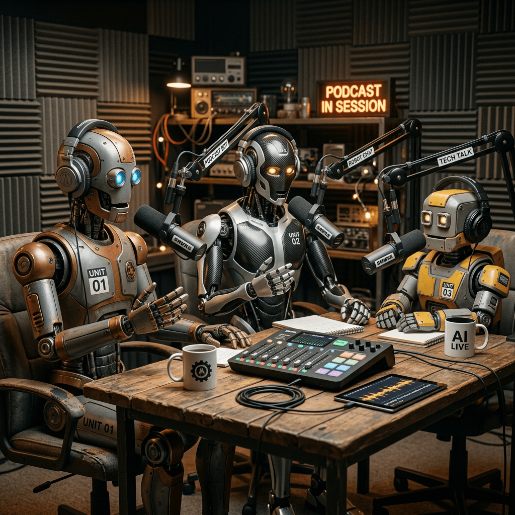 Three podcast robots labeled UNIT 01, UNIT 02, and UNIT 03; signs read PODCAST IN SESSION, ROBOT CHAT, TECH TALK, and AI LIVE.